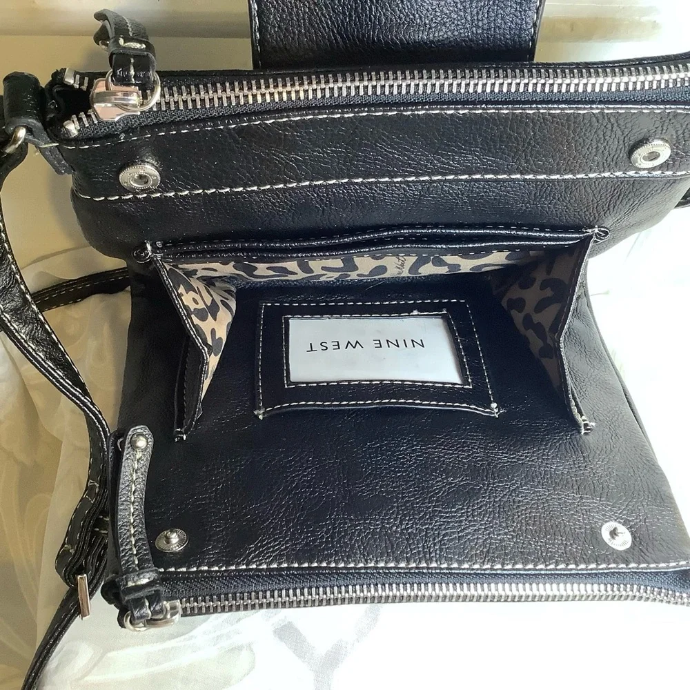 Nine West 3 Compartment Shoulder Bag Black Leopard print lined